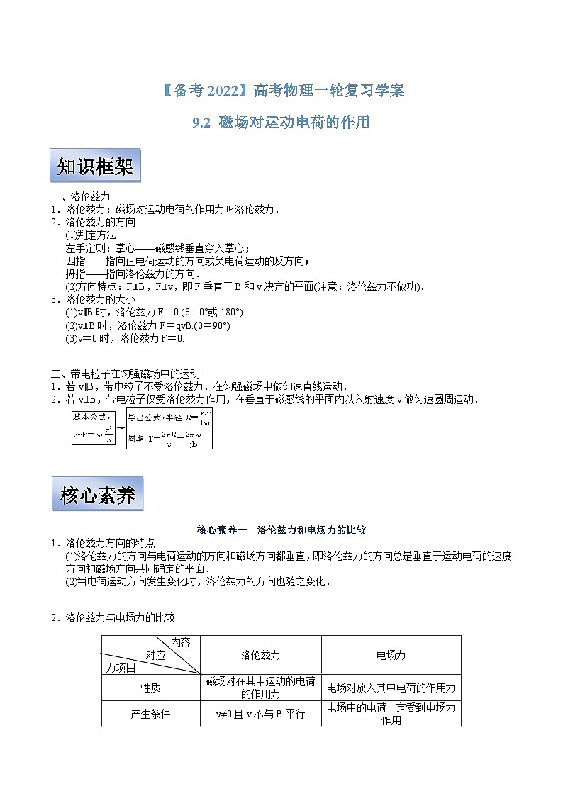 新高考物理一轮复习学案 9.2 磁场对运动电荷的作用（含解析）01