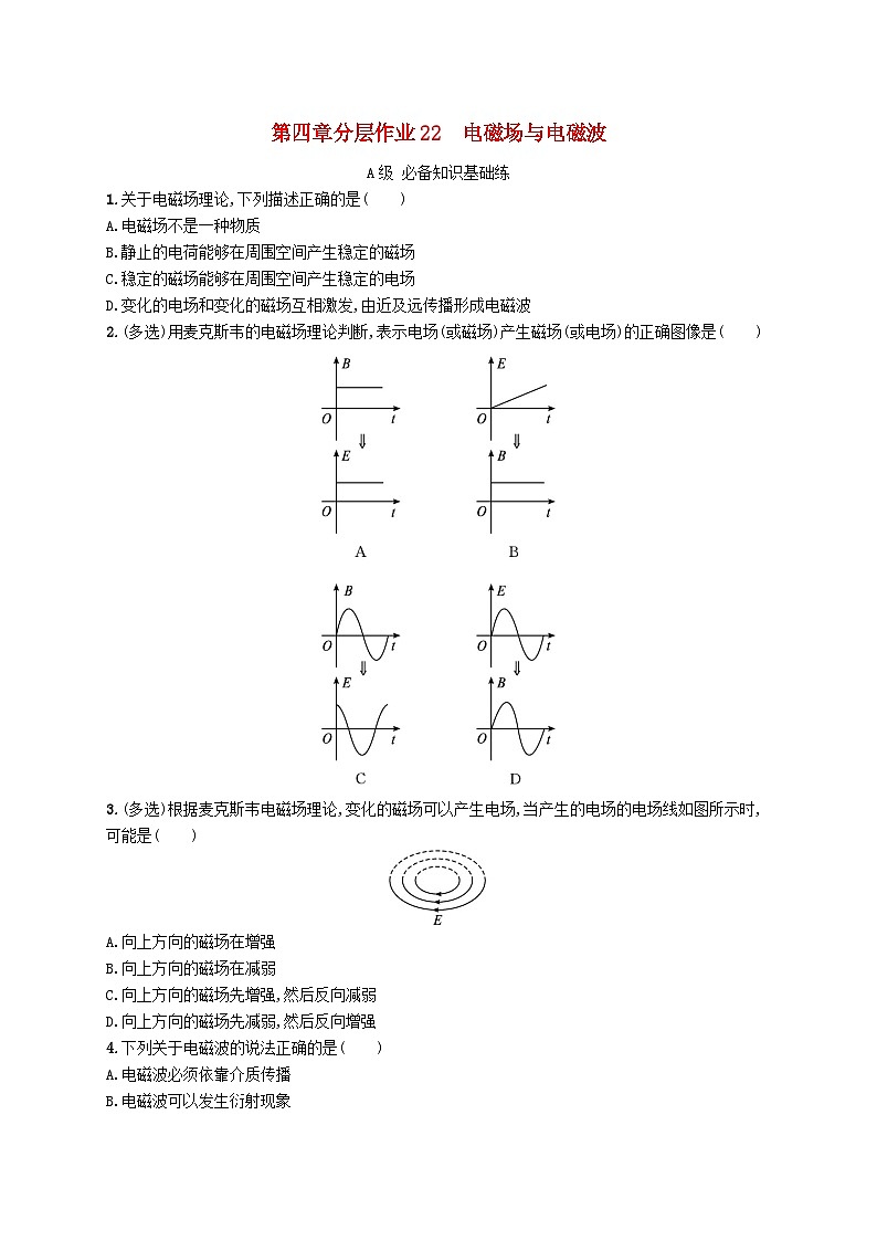 新教材2023_2024学年高中物理第4章电磁振荡与电磁波分层作业22电磁场与电磁波新人教版选择性必修第二册01