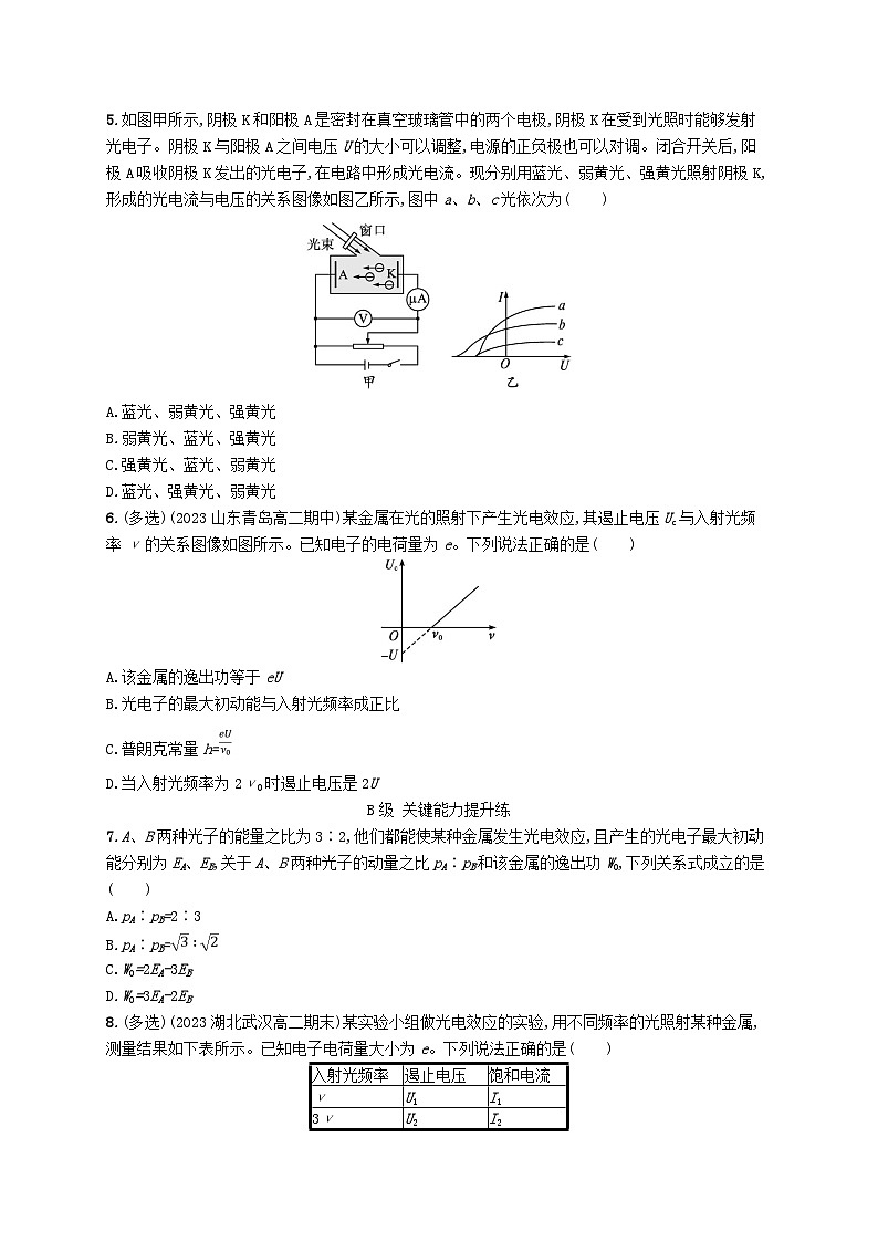 新教材2023_2024学年高中物理第4章原子结构和波粒二象性分层作业17光电效应新人教版选择性必修第三册第2页