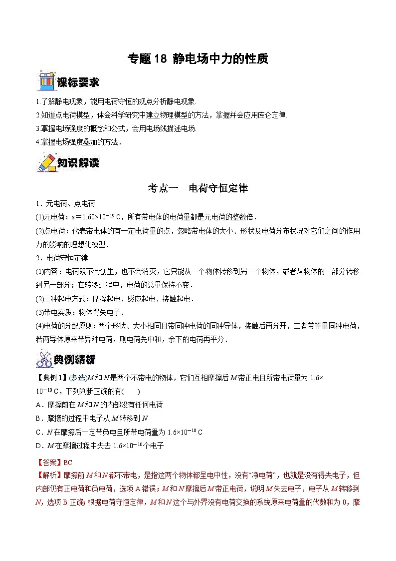 新高考物理一轮复习重难点过关训练专题18 静电场中力的性质（含解析）第1页