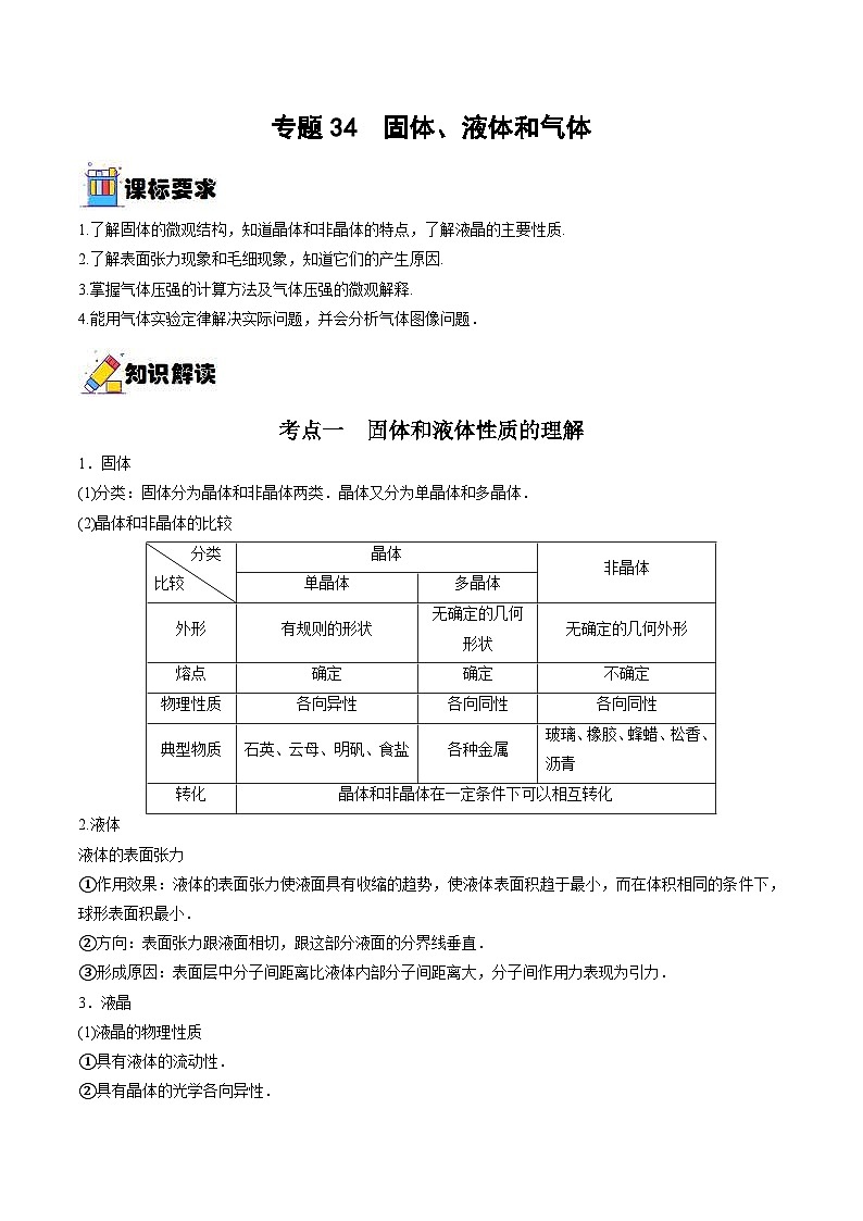 新高考物理一轮复习重难点过关训练专题34  固体、液体和气体（含解析）01