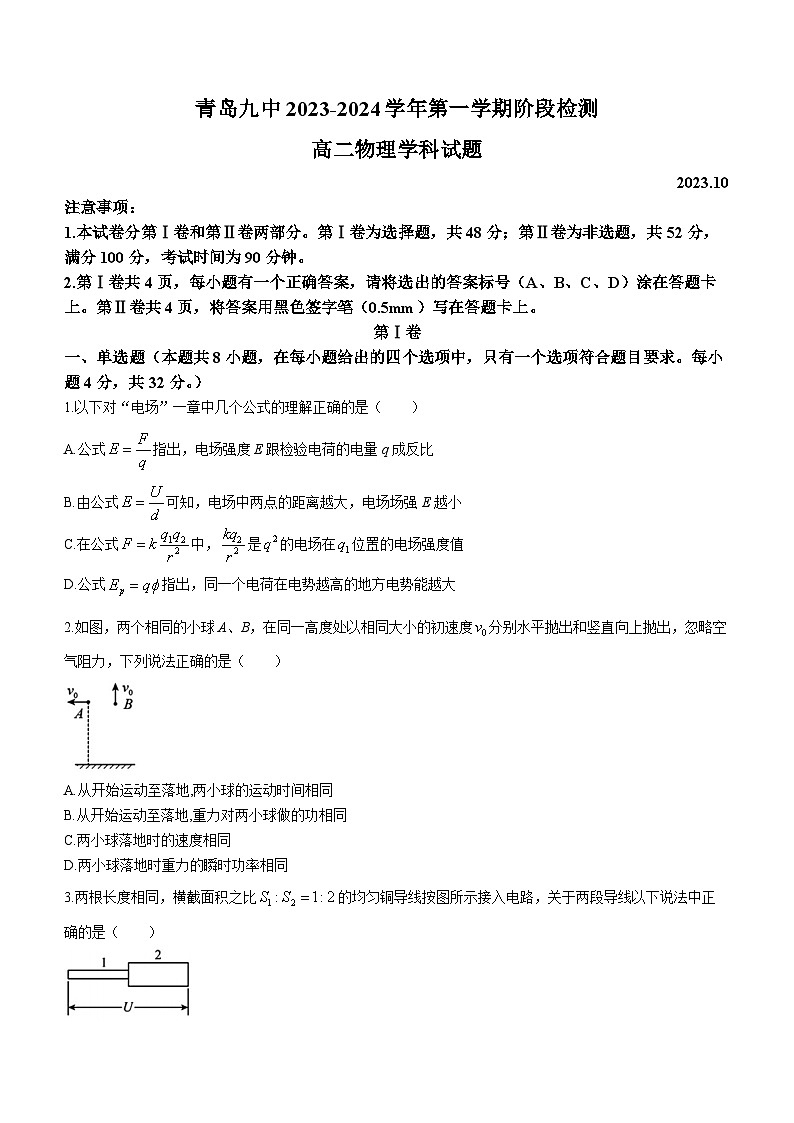 山东省青岛第九中学2023-2024学年高二上学期10月月考物理试题第1页