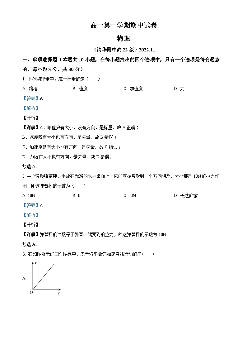 【期中真题】北京市清华大学附属中学2022-2023学年高一上学期期中物理试题.zip01