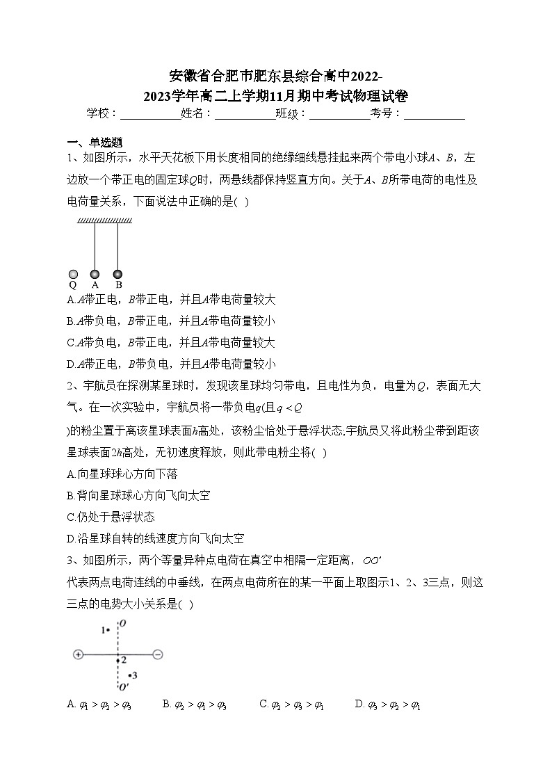 安徽省合肥市肥东县综合高中2022-2023学年高二上学期11月期中考试物理试卷(含答案)01