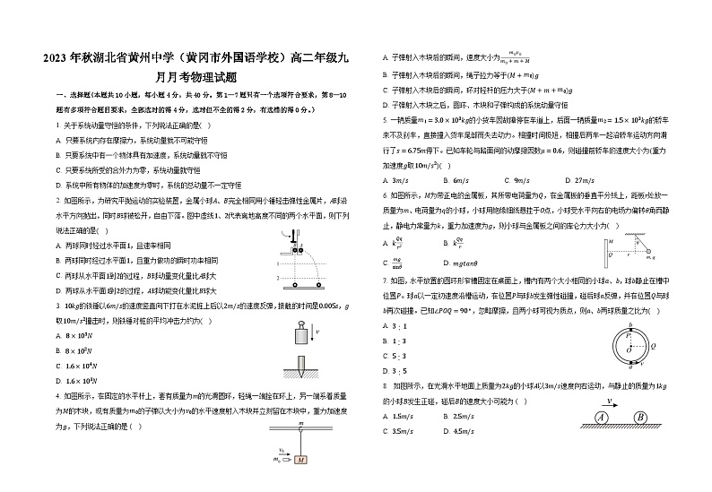 湖北省黄州中学（黄冈市外国语学校）2023-2024学年高二上学期9月月考物理试题01