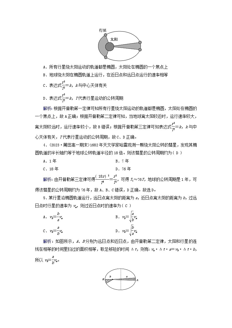 新教材适用2023_2024学年高中物理第7章万有引力与宇宙航行1行星的运动提能作业新人教版必修第二册第2页