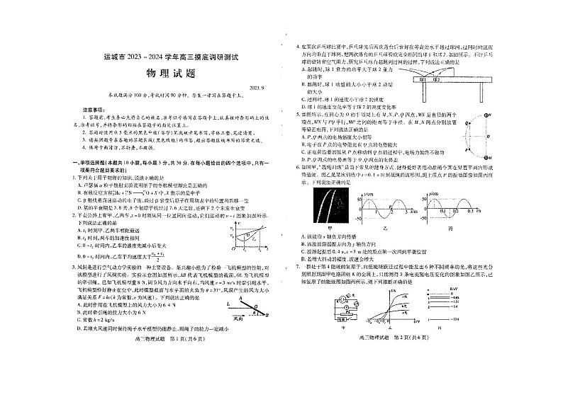 2023-2024学年山西运城高三上学期摸底考试 物理试题（含答案）第1页