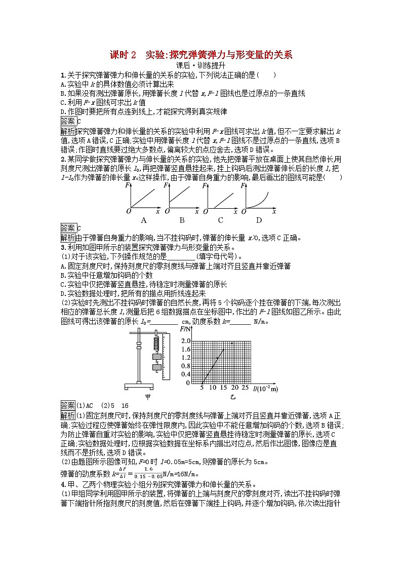 广西专版2023_2024学年新教材高中物理第3章相互作用__力1重力与弹力课时2实验探究弹簧弹力与形变量的关系课后训练新人教版必修第一册01