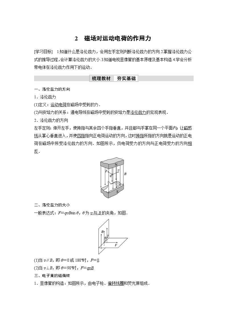 人教版高中物理新教材同步讲义选修第二册 第1章　2　磁场对运动电荷的作用力（含解析）01