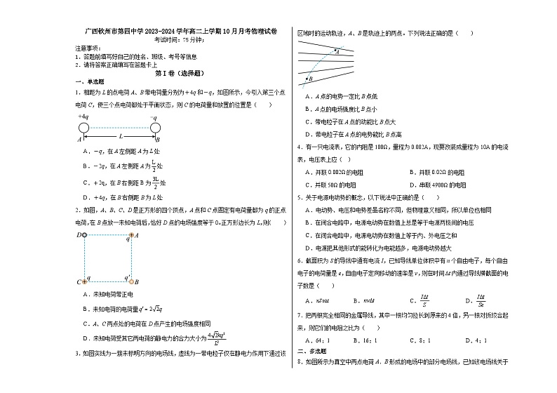 广西钦州市第四中学2023-2024学年高二上学期10月月考物理试卷01