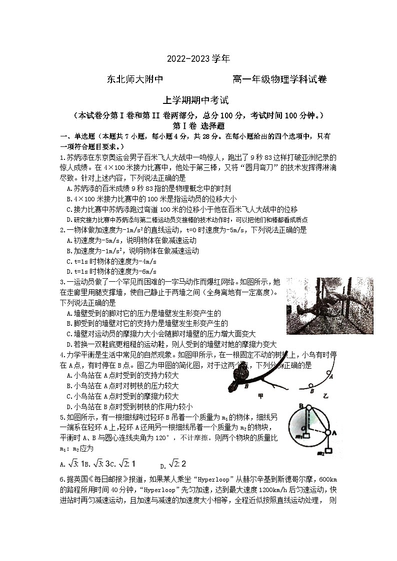 吉林省长春市东北师范大学附属中学2022-2023学年上学期高一年级期中考试物理试卷01