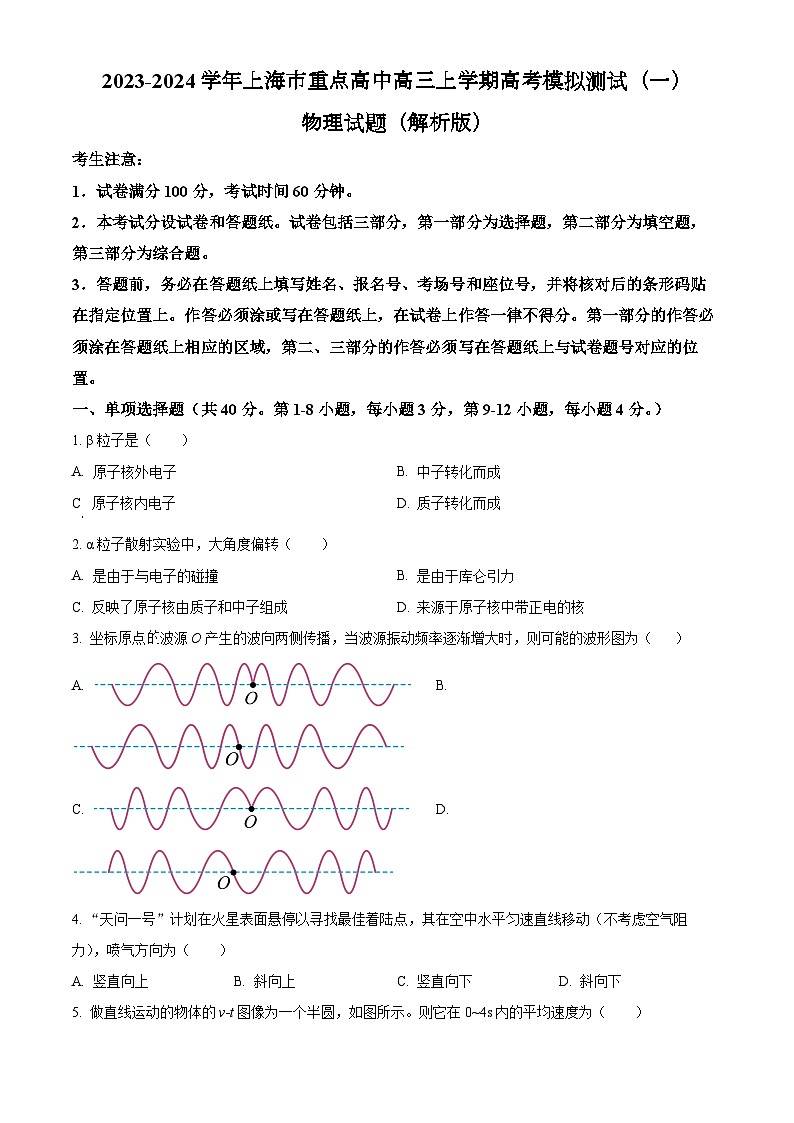 2023-2024学年上海市重点高中高三上学期高考模拟测试（一）物理试题（解析版）第1页