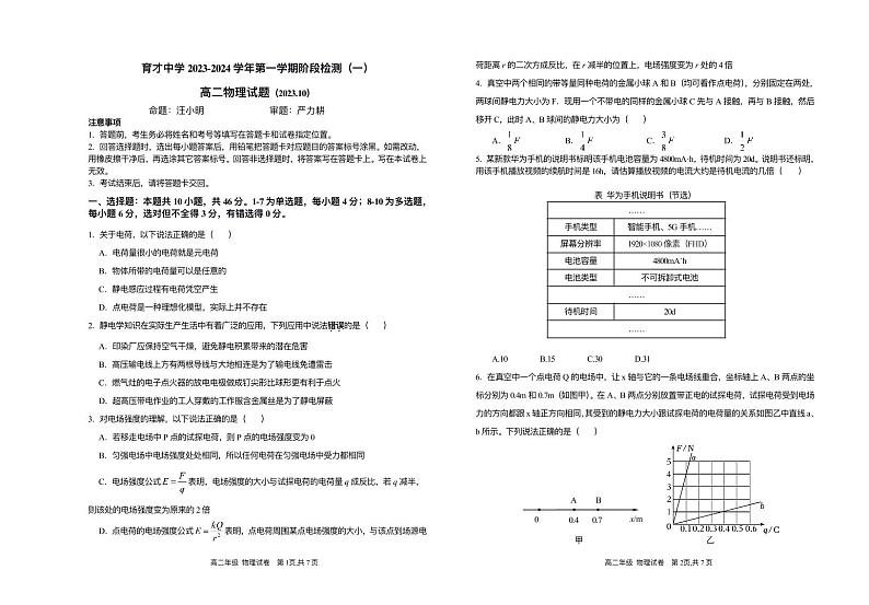 广东深圳市育才中学2023-2024学年第一学期阶段检测（一）高二物理试题（含答案）第1页