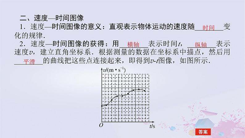 2024版新教材高中物理第一章运动的描述1.3位置变化快慢的描述__速度1.3.2测量纸带的平均速度和瞬时速度速度_时间图像课件新人教版必修第一册第5页