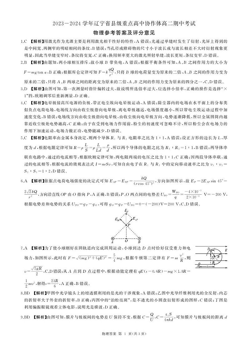辽宁省县级重点高中协作体2023-2024学年高二上学期期中考试物理01