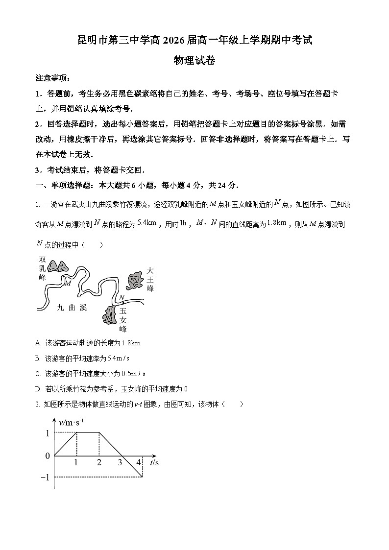 云南省昆明市呈贡区昆三中教育集团2023-2024学年高一上学期11月期中物理试题无答案第1页