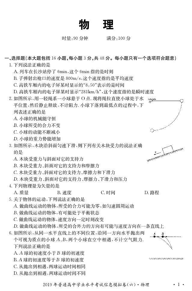 2019-2020学年湖南省普通高中学业水平考试物理试题 PDF版01