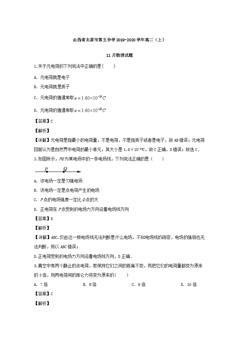 2019-2020学年山西省太原市第五中学高二上学期11月物理试题（文） 解析版01