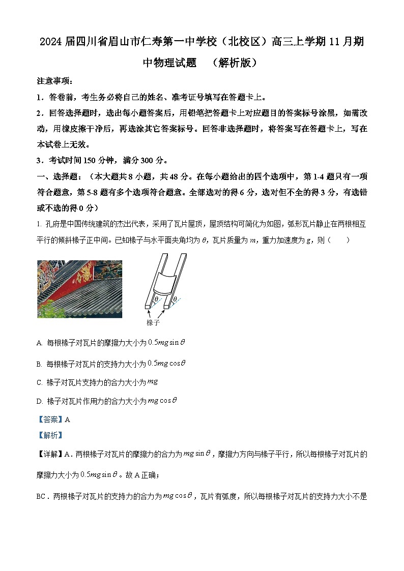 2024届四川省眉山市仁寿第一中学校（北校区）高三上学期11月期中物理试题  （解析版）01