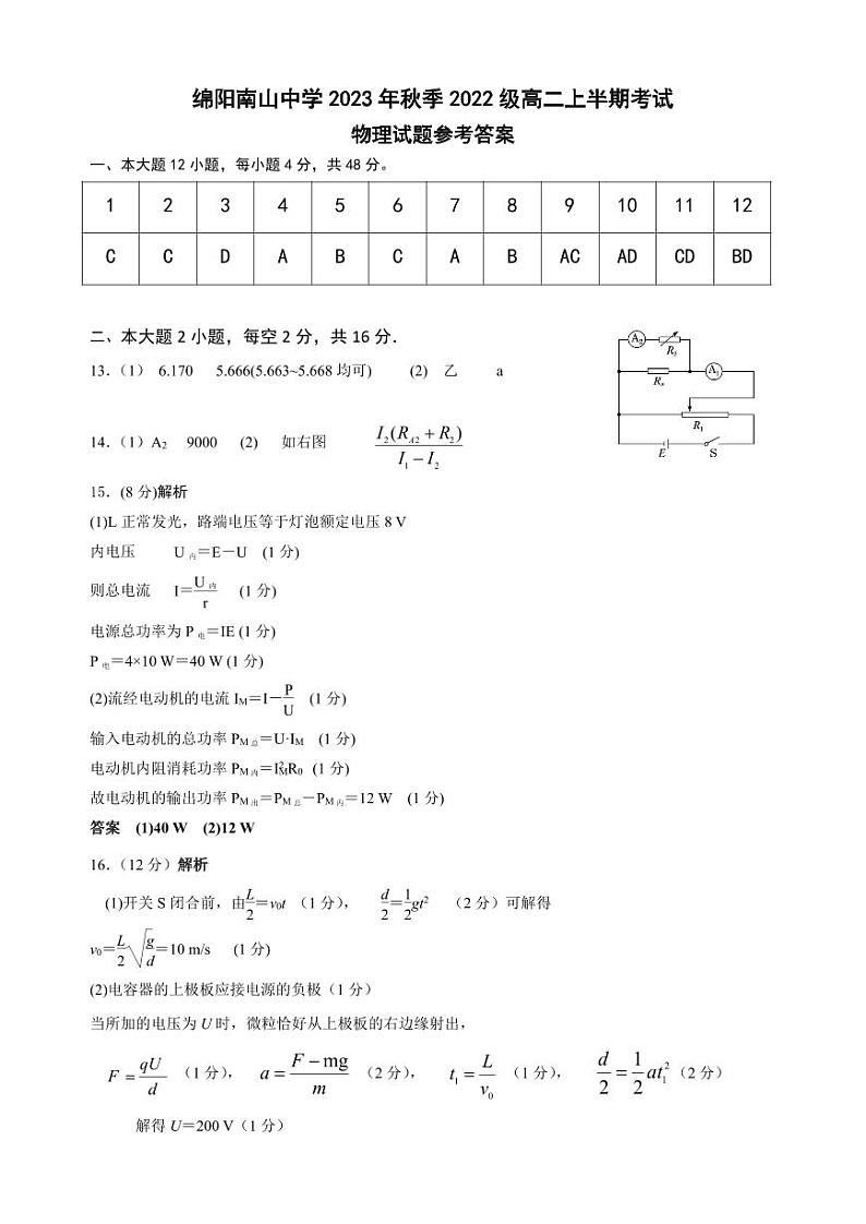 2024绵阳南山中学高二上学期期中考试物理含答案、答题卡01