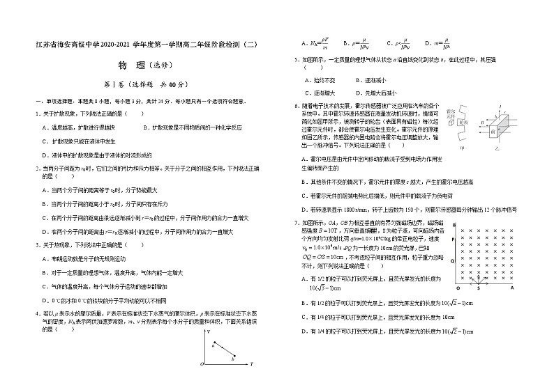2020-2021学年江苏省海安高级中学高二上学期高中合格性考试物理试题（选修） word版01