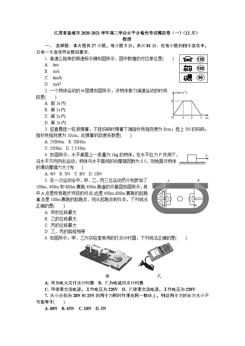 2020-2021学年江苏省盐城市高二学业水平合格性考试模拟卷（一）（12月） 物理 word版第1页