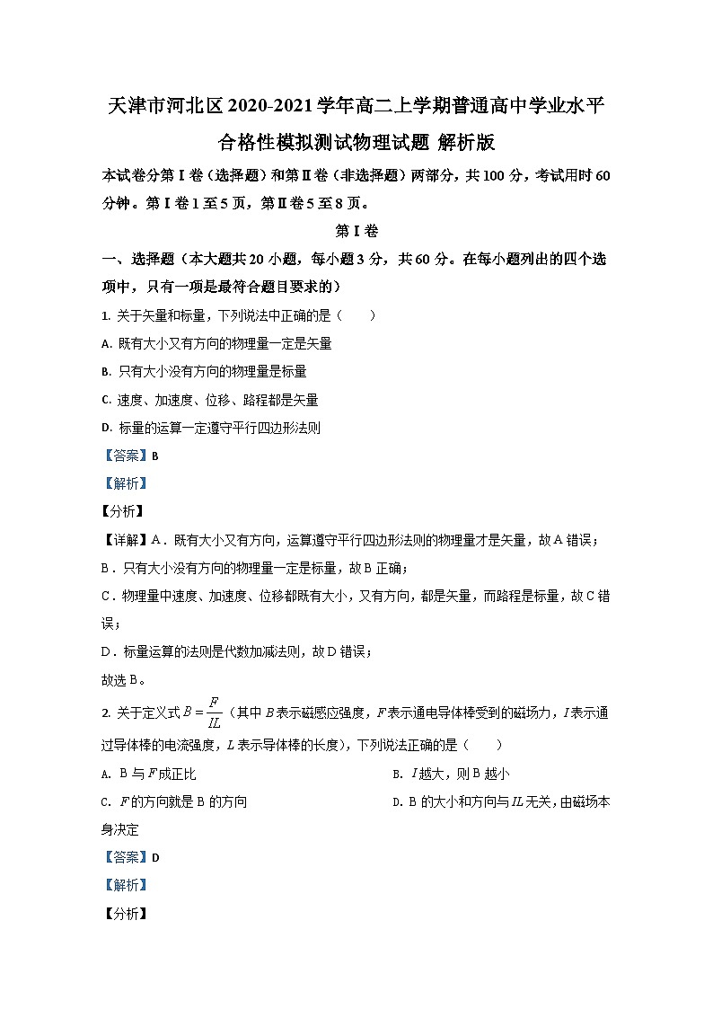 2020-2021学年天津市河北区高二上学期普通高中学业水平合格性模拟测试物理试题 解析版第1页