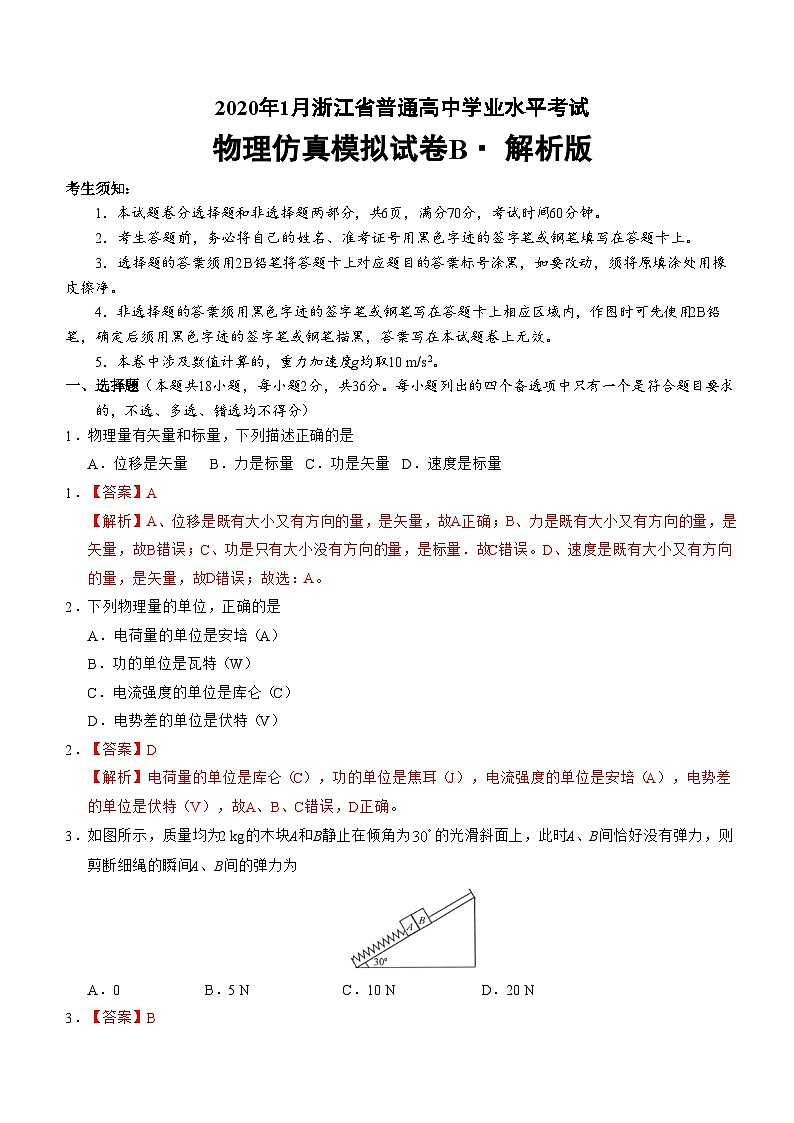 2020年1月浙江省普通高中学业水平考试物理模拟试题 B 解析版第1页