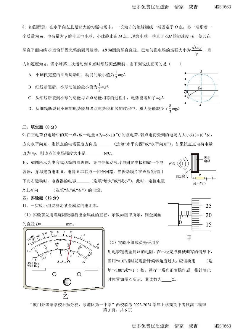 福建省泉州市泉港区第一中学、厦门外国语学校石狮分校2023-2024学年高二上学期11月期中联考物理试题第3页
