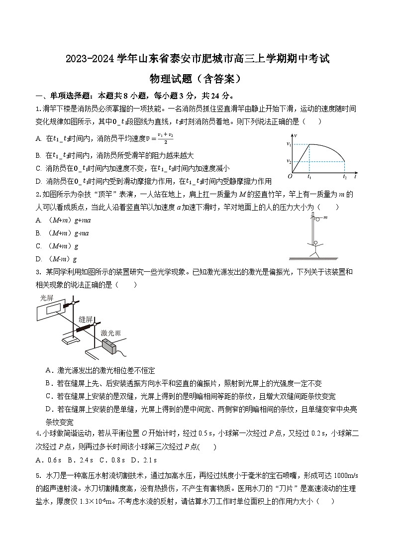 2023-2024学年山东省泰安市肥城市高三上学期期中考试 物理试题（含答案）01