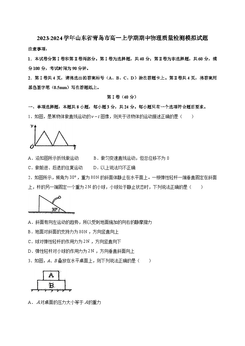 2023-2024学年山东省青岛市高一上学期期中物理质量检测模拟试题（含解析）第1页