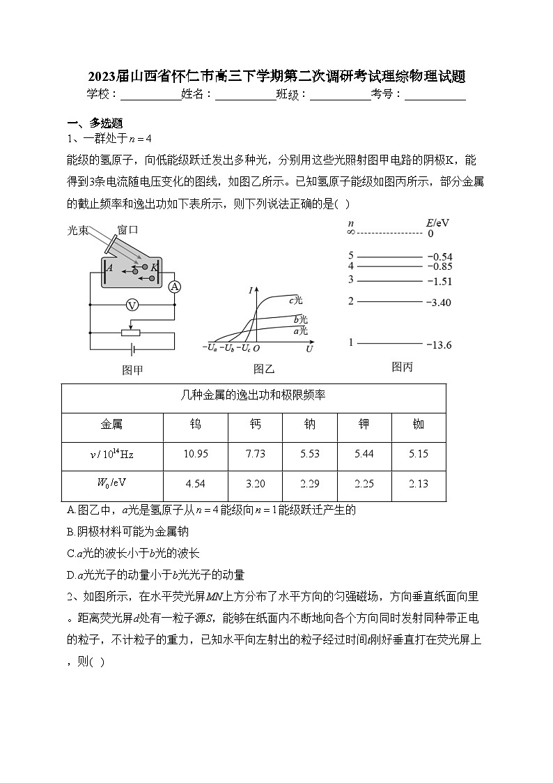 2023届山西省怀仁市高三下学期第二次调研考试理综物理试题(含答案)第1页