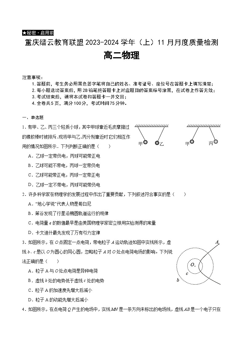 2024重庆市缙云教育联盟高二上学期11月月考试题物理含答案第1页