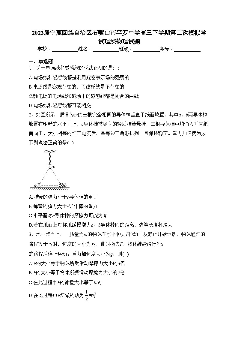 2023届宁夏回族自治区石嘴山市平罗中学高三下学期第二次模拟考试理综物理试题(含答案)01