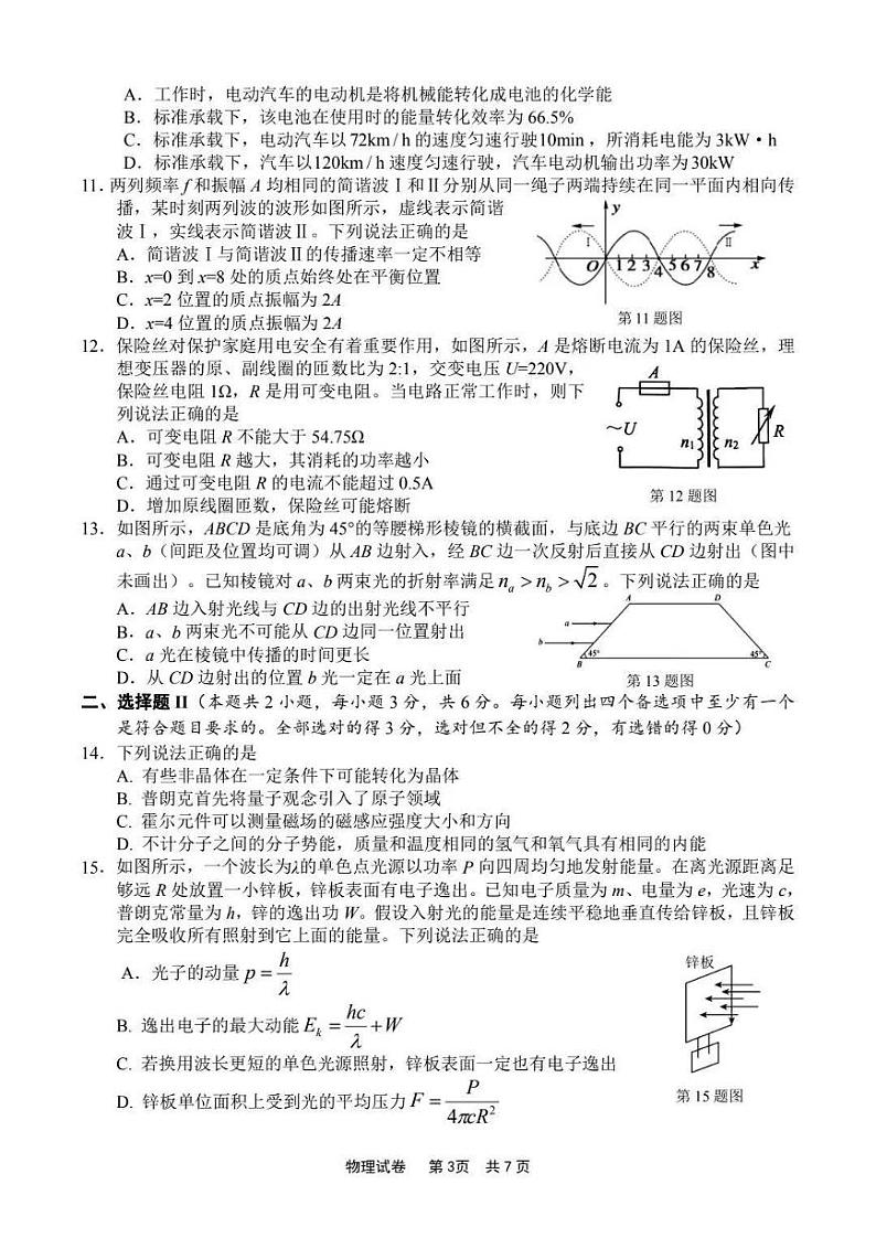 宁波市2024届高三上学期选考模拟考试-物理试卷第3页