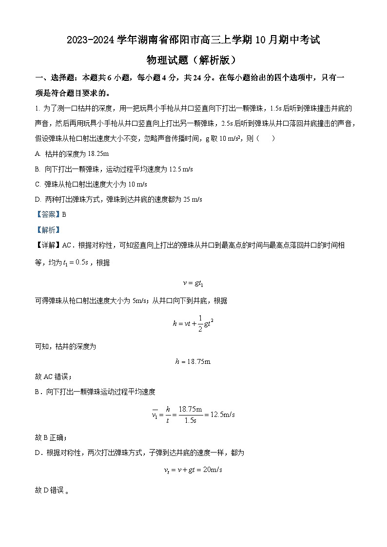 2023-2024学年湖南省邵阳市高三上学期10月期中考试 物理试题（解析版）01