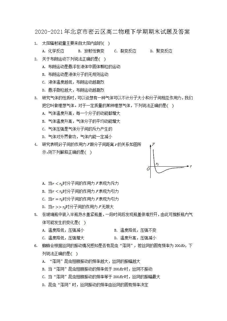 2020-2021年北京市密云区高二物理下学期期末试题及答案01