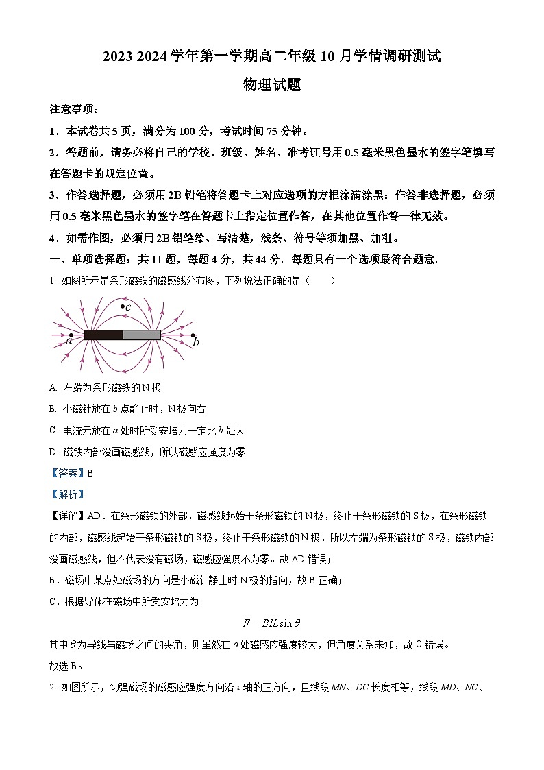 2024扬州高邮高二上学期10月月考物理试题含解析01