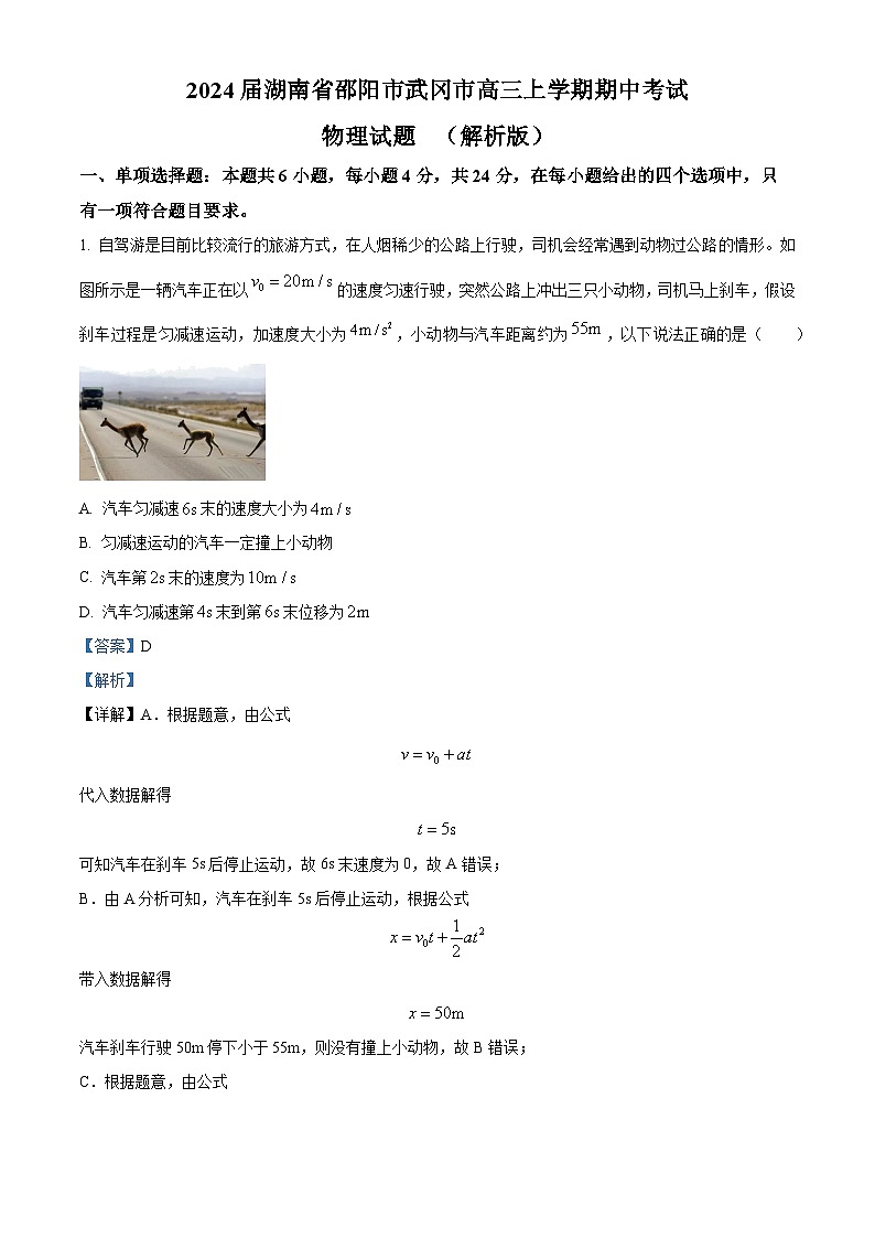 2024届湖南省邵阳市武冈市高三上学期期中考试物理试题  （解析版）01