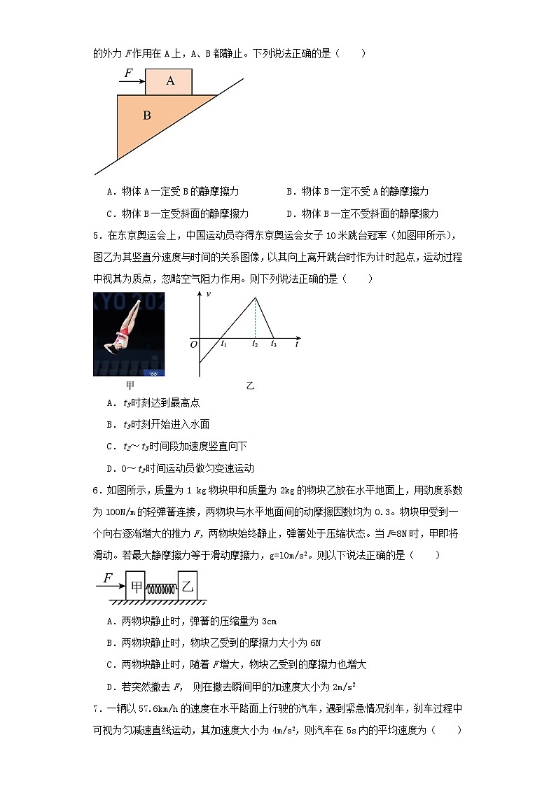 四川省眉山市2023-2024学年高一上学期期中考试模拟练习物理试卷（含解析）02