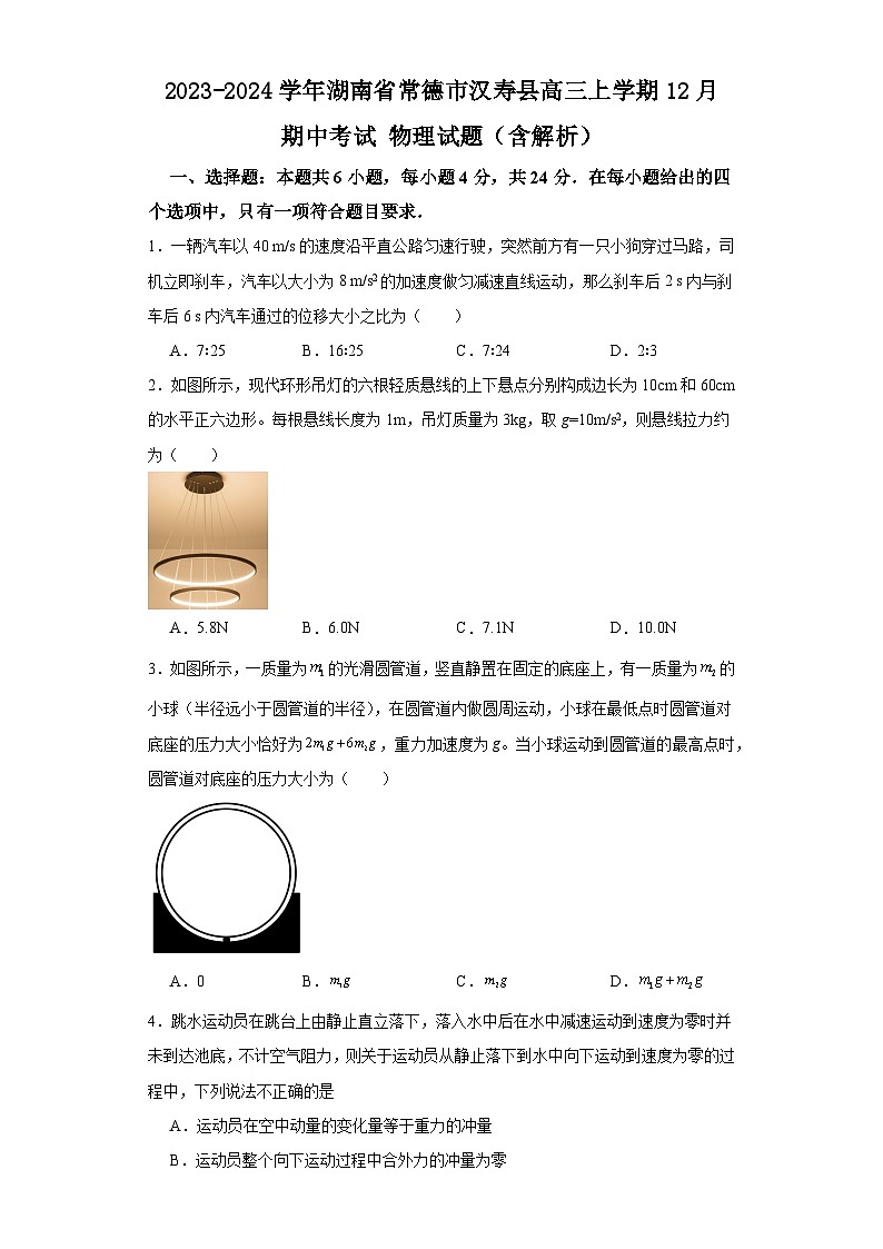 2023-2024学年湖南省常德市汉寿县高三上学期12月期中考试 物理试题（含解析）01