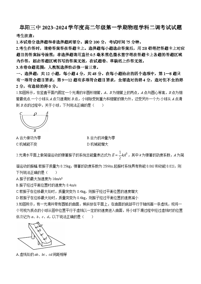 2024阜阳三中高二上学期12月二调（期中）物理试题含解析01