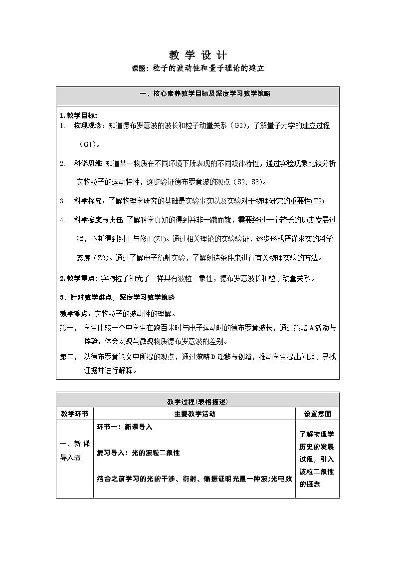 4.5 粒子的波动性和量子理论的建立 教学设计  高中物理人教版（2019）选择性必修第三册第1页