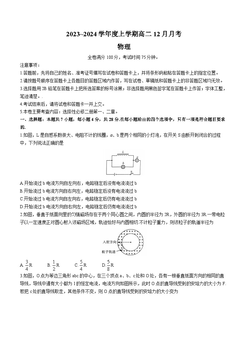 黑龙江省绥化市绥棱县第一中学2023-2024学年高二上学期12月月考物理试题01