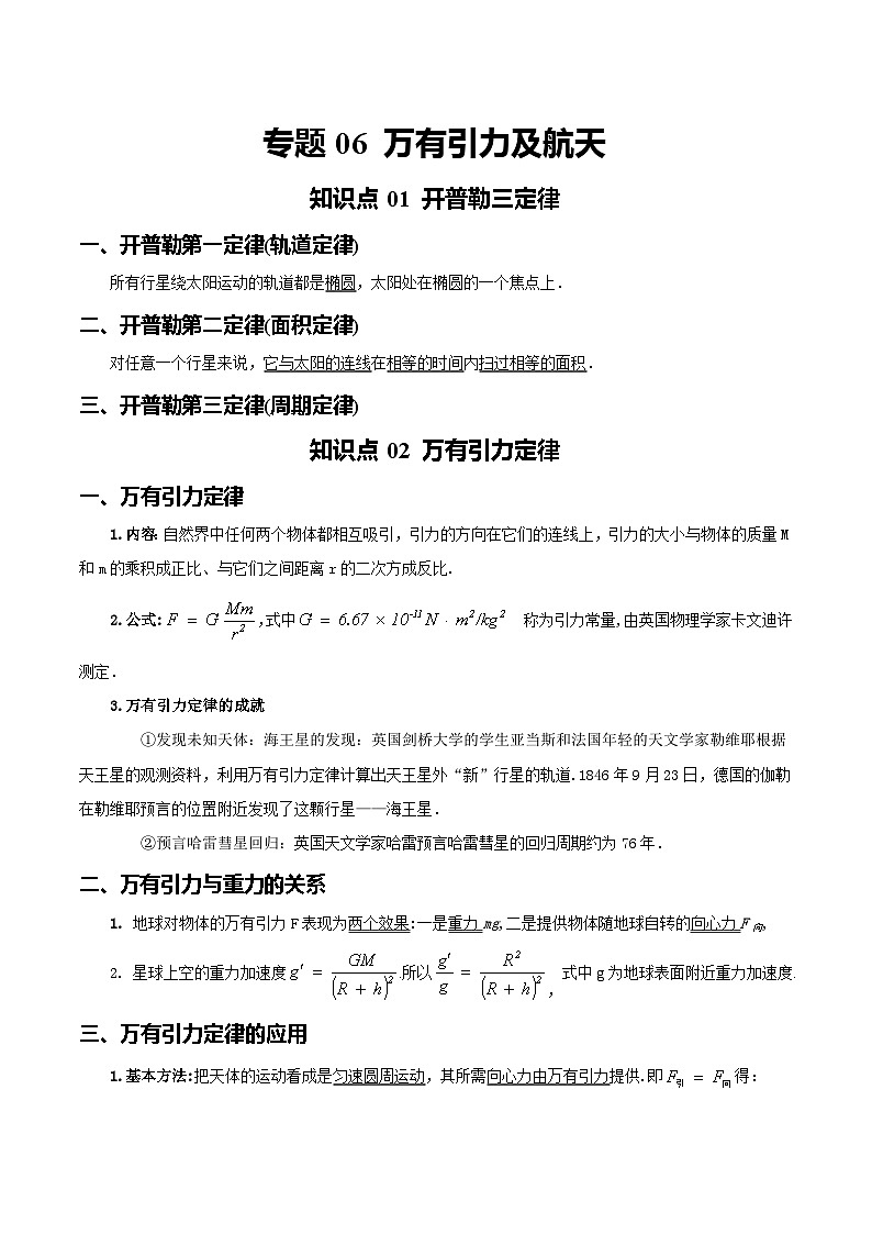 【学考真题】备战2024年浙江省学业水平考试 高中物理 专题06 万有引力及航天 知识归纳与训练01