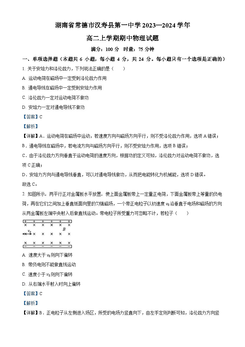 湖南省常德市汉寿县第一中学2023-2024学年高二上学期11月期中物理试题（Word版附解析）01