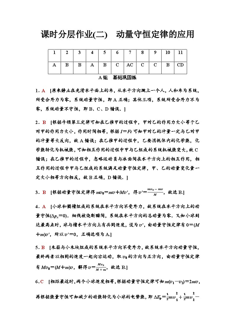 粤教版高中物理选择性必修第一册课时分层作业2动量守恒定律的应用含答案01