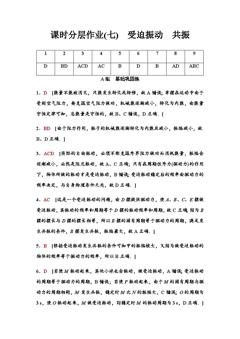粤教版高中物理选择性必修第一册课时分层作业7受迫振动共振含答案01