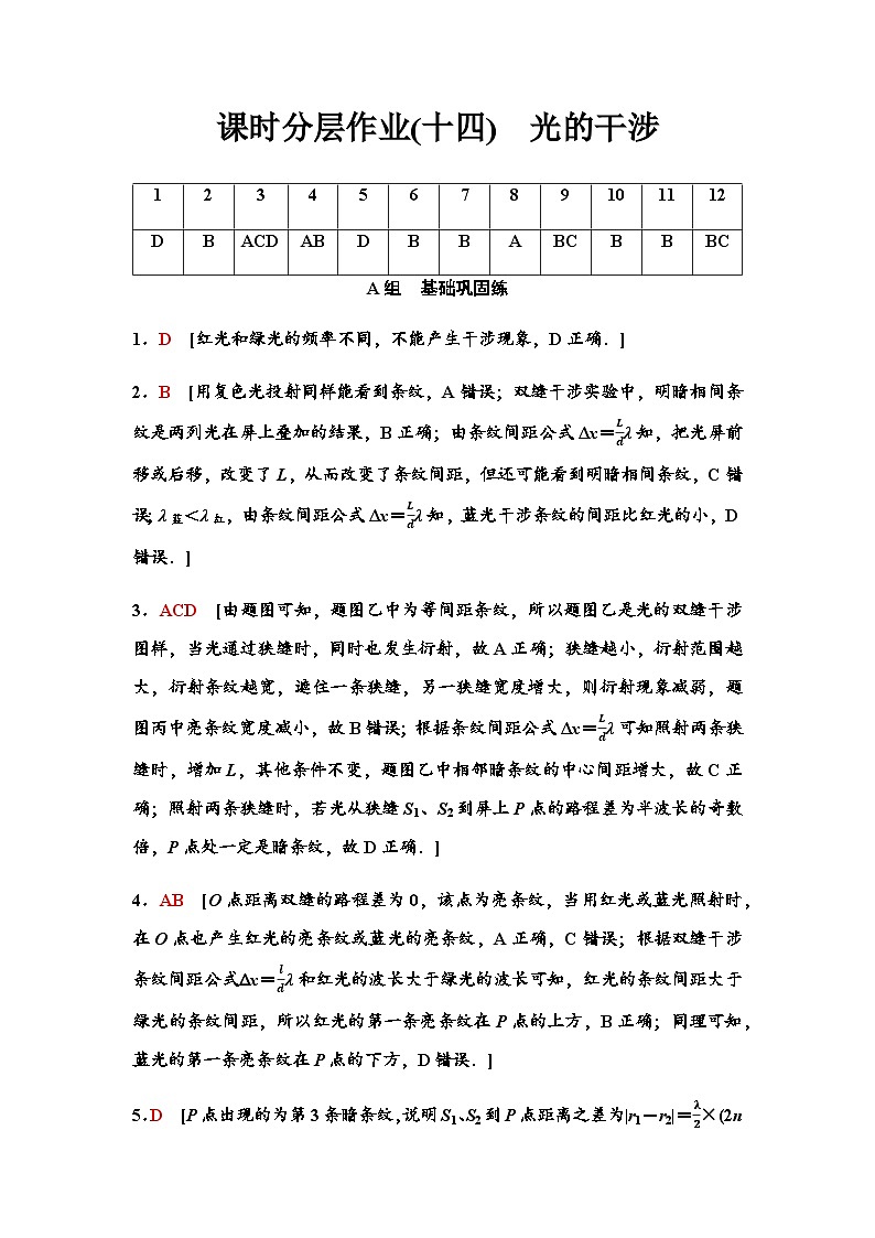粤教版高中物理选择性必修第一册课时分层作业14光的干涉含答案01