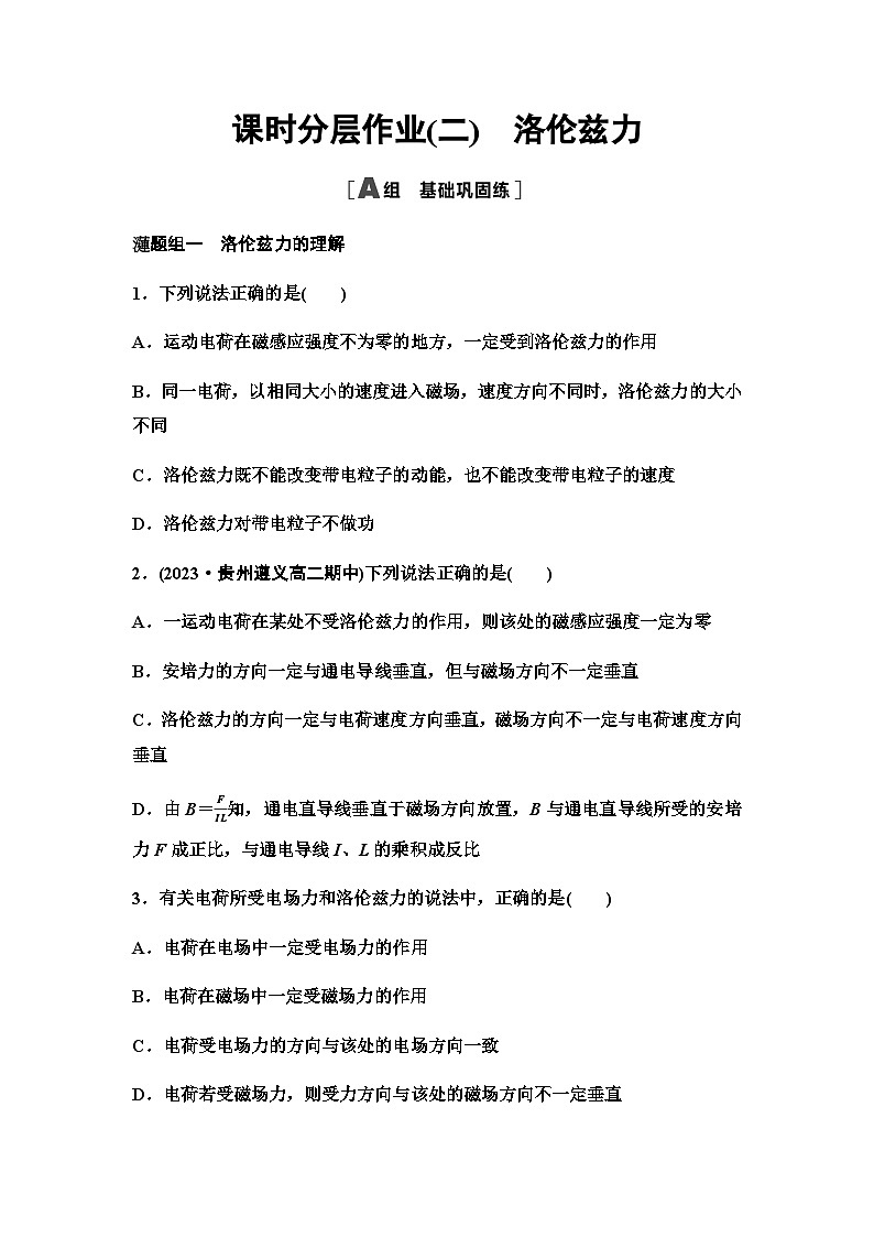 粤教版高中物理选择性必修第二册课时分层作业2洛伦兹力含答案01